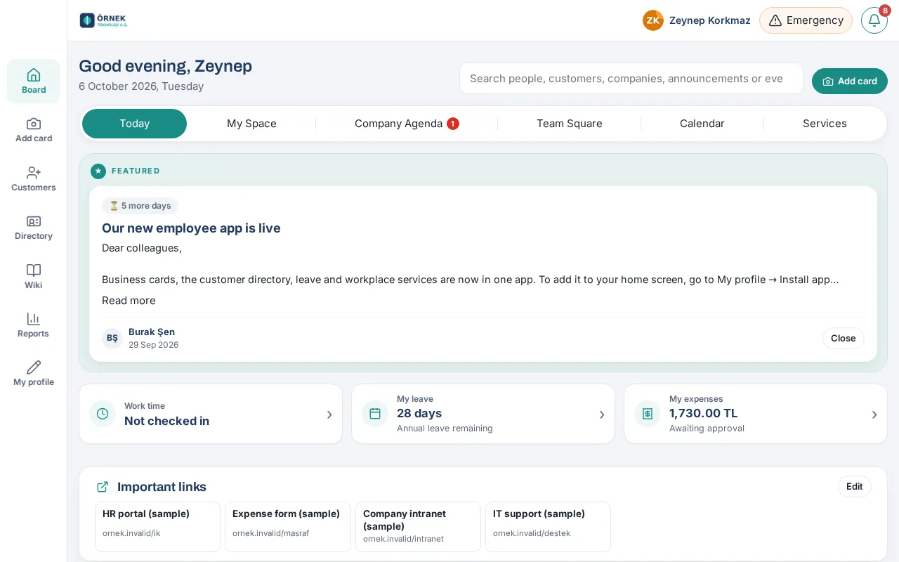 Prozence board: featured announcement, personal tasks, attendance and key links