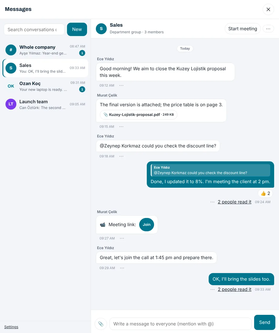 Chat: Sales department group with a PDF attachment, a mention, a quoted reply, a reaction, read receipts and a meeting link
