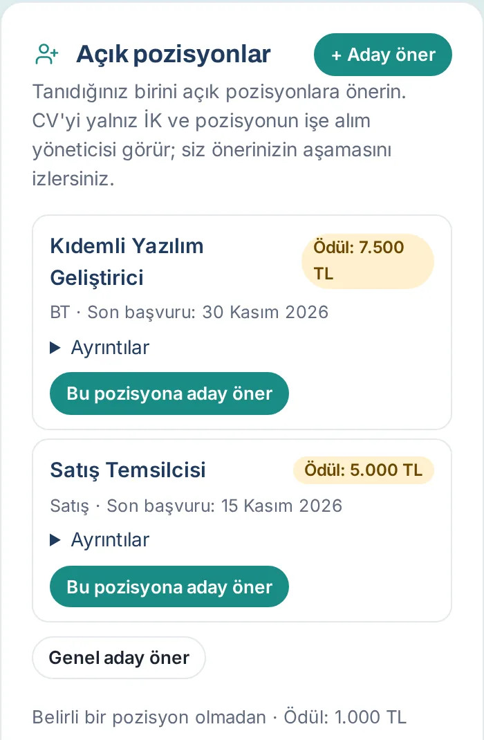 Açık pozisyonlar: ödül rozetleri ve Bu pozisyona aday öner