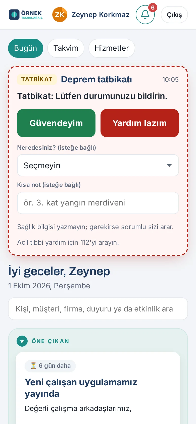 Deprem tatbikatında Güvendeyim yoklaması