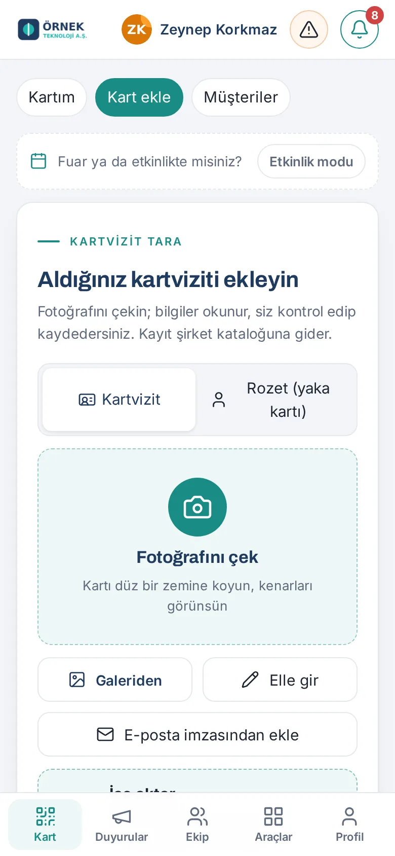 Kart ekle: kartvizit ya da yaka kartı, fotoğraf, galeri ve e-posta imzası