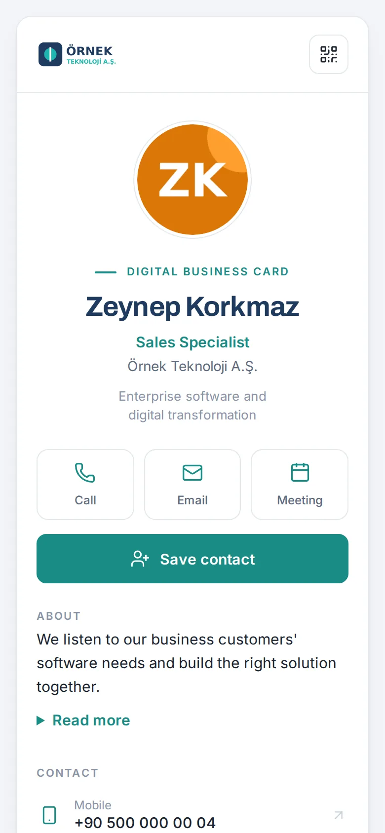 An employee's digital business card on a phone
