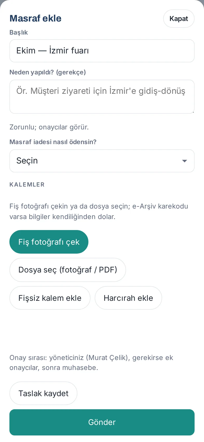 Masraf ekleme: fiş fotoğrafı ve e-Arşiv karekodu