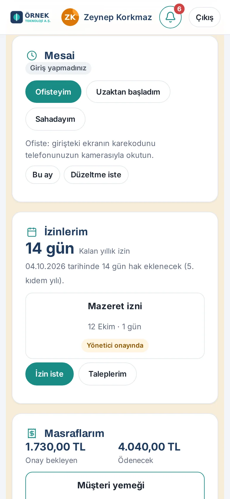 Telefondan mesai başlatma