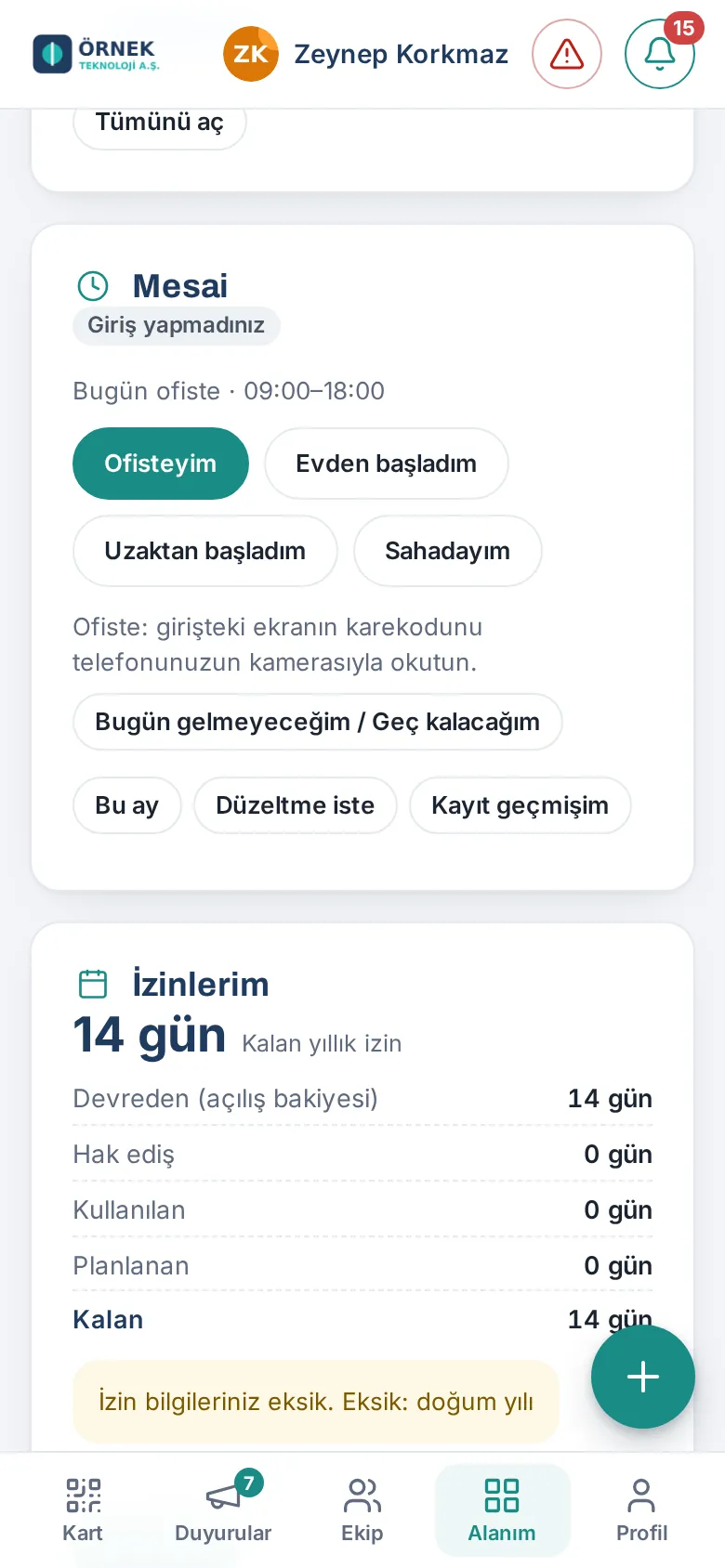 Mobil uygulamada mesai başlatma