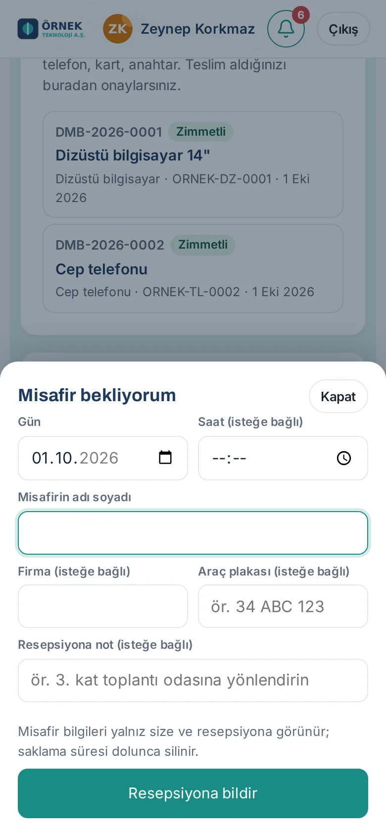 Misafir ön kaydı