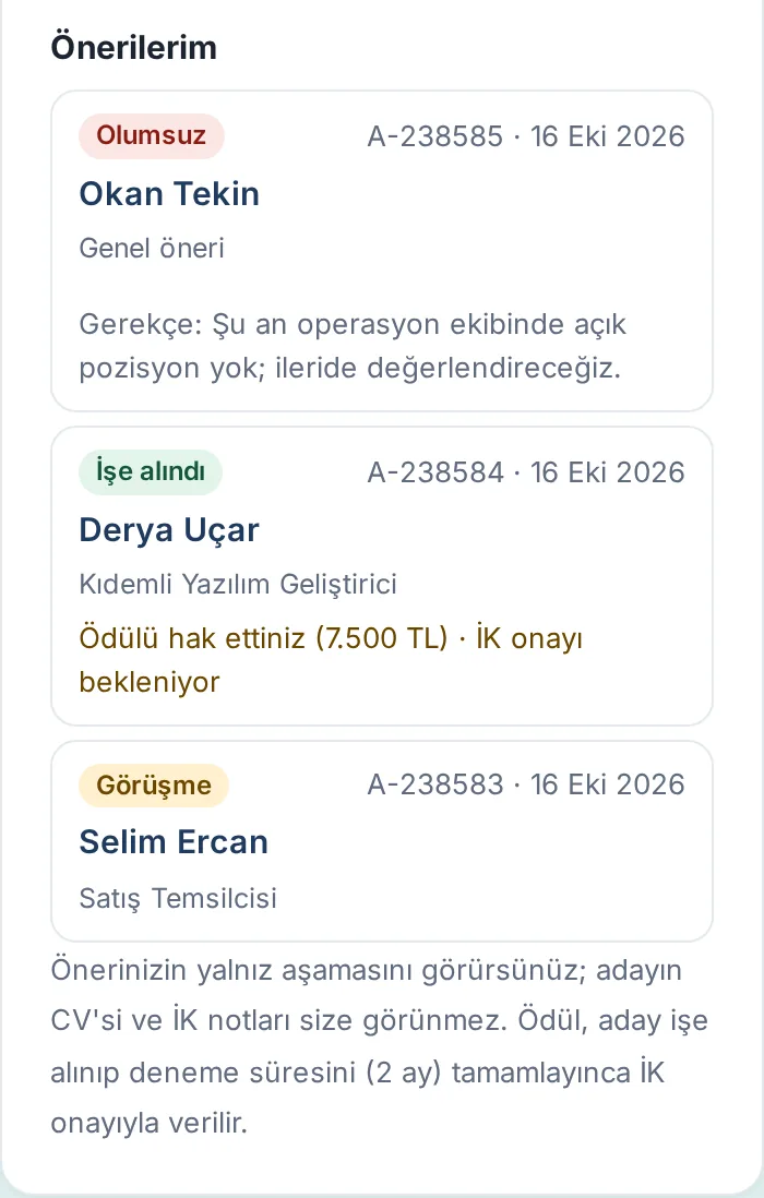 Önerilerim: önerilerin aşaması ve ödül durumu