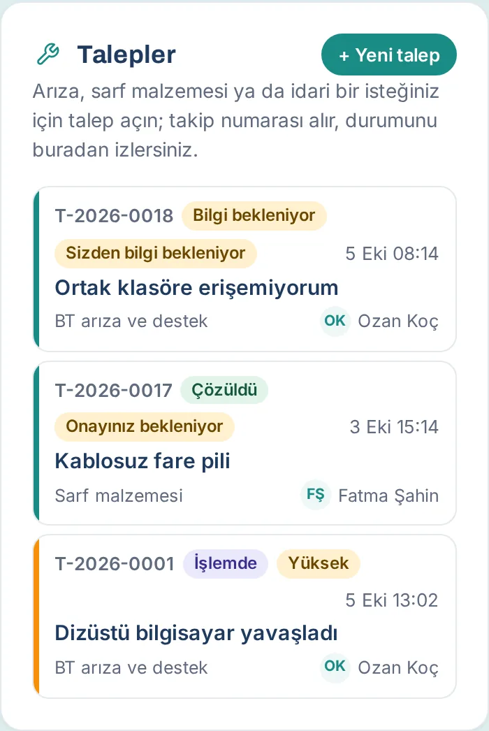 Talepler: takip numarası ve durum