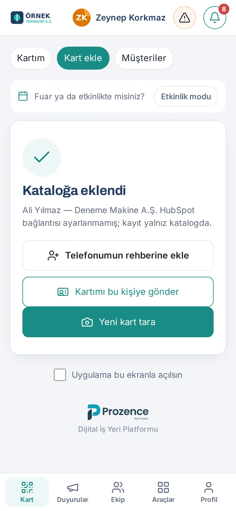 Taranan kartvizitin kataloğa eklenmesi