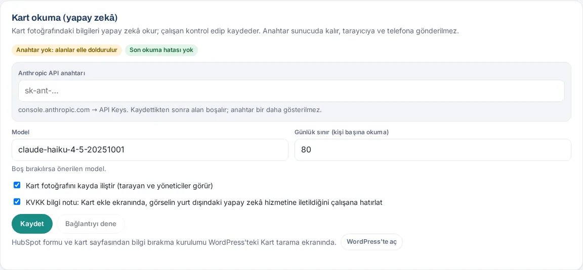 Kart okuma ayarı: API anahtarı, model, günlük sınır ve bağlantı denemesi