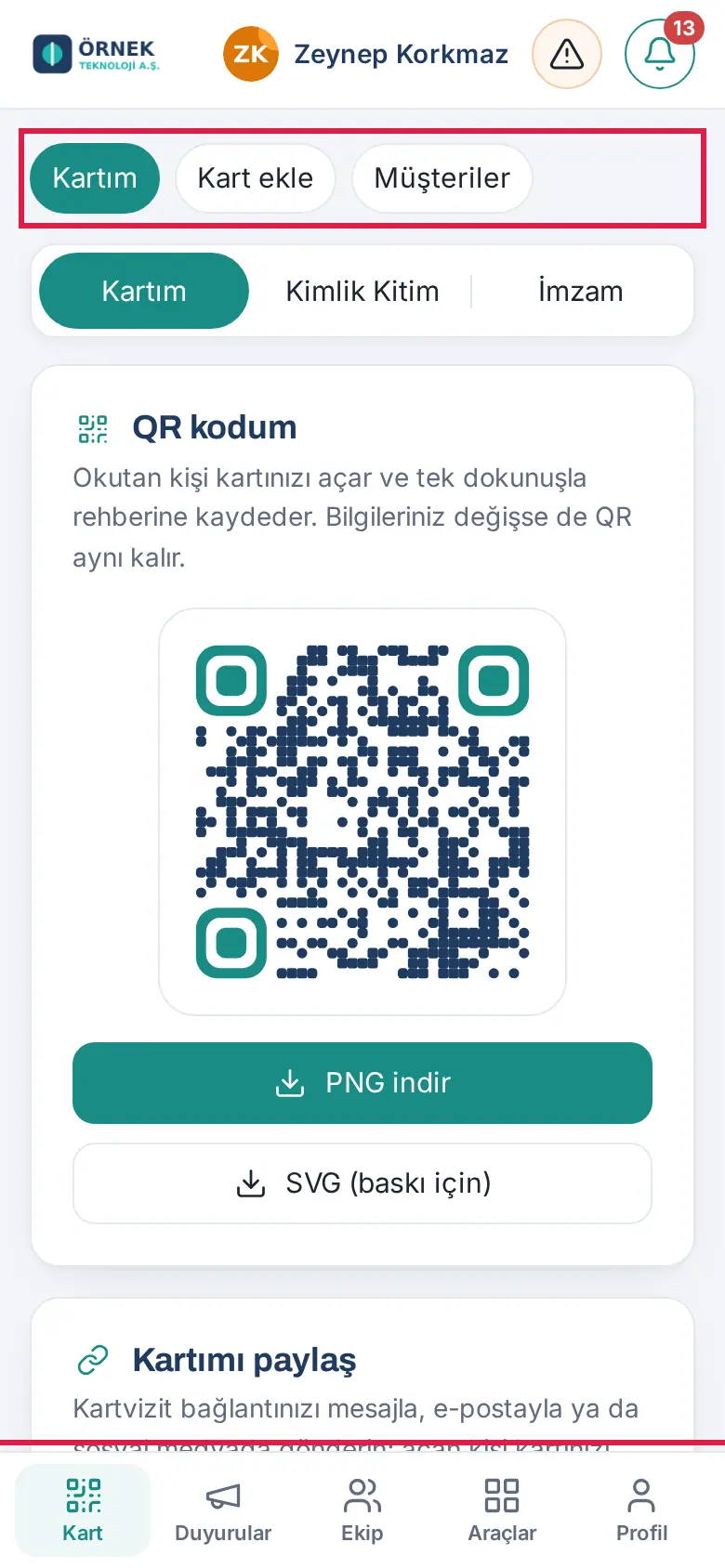 Telefonda alt menü ve Kart şeridi