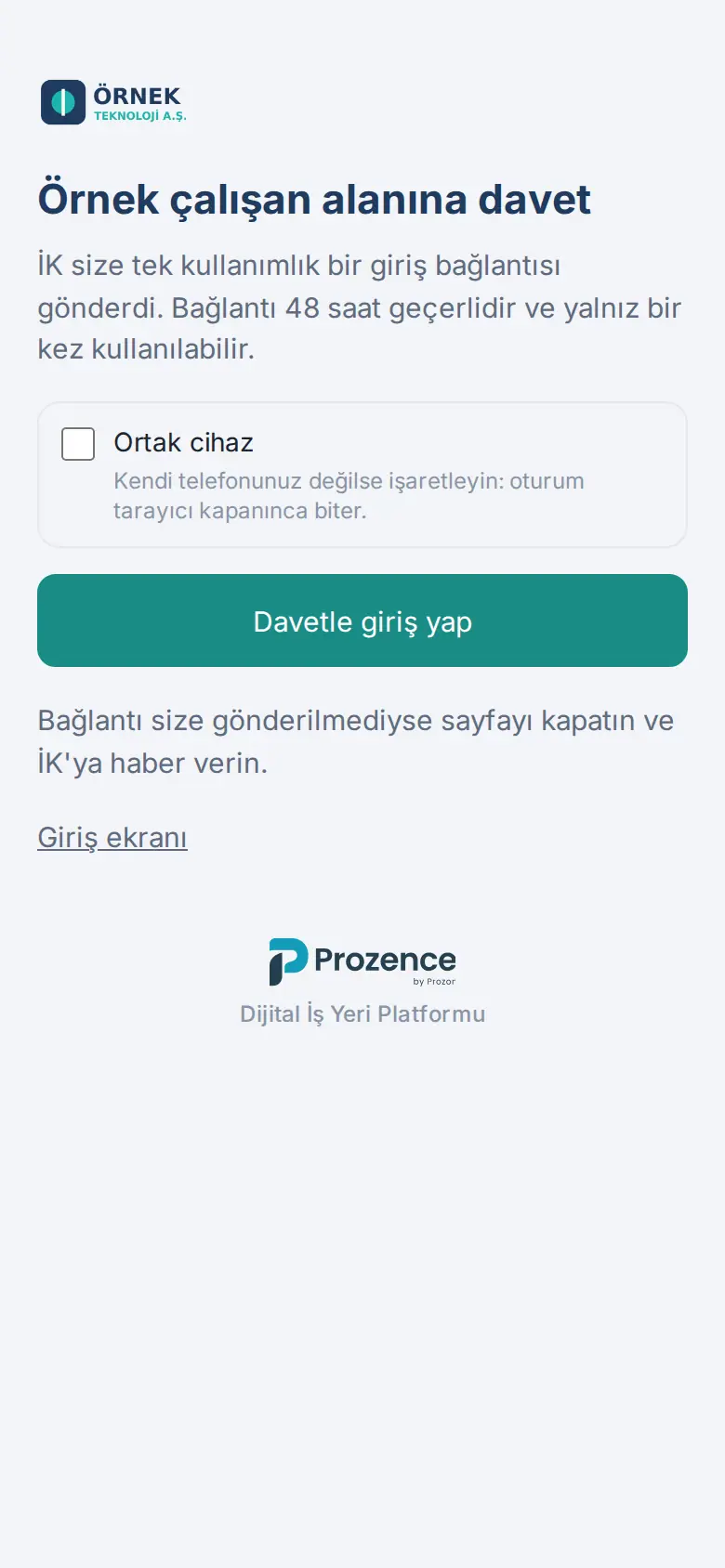 Davet ekranı: Ortak cihaz ve Davetle giriş yap