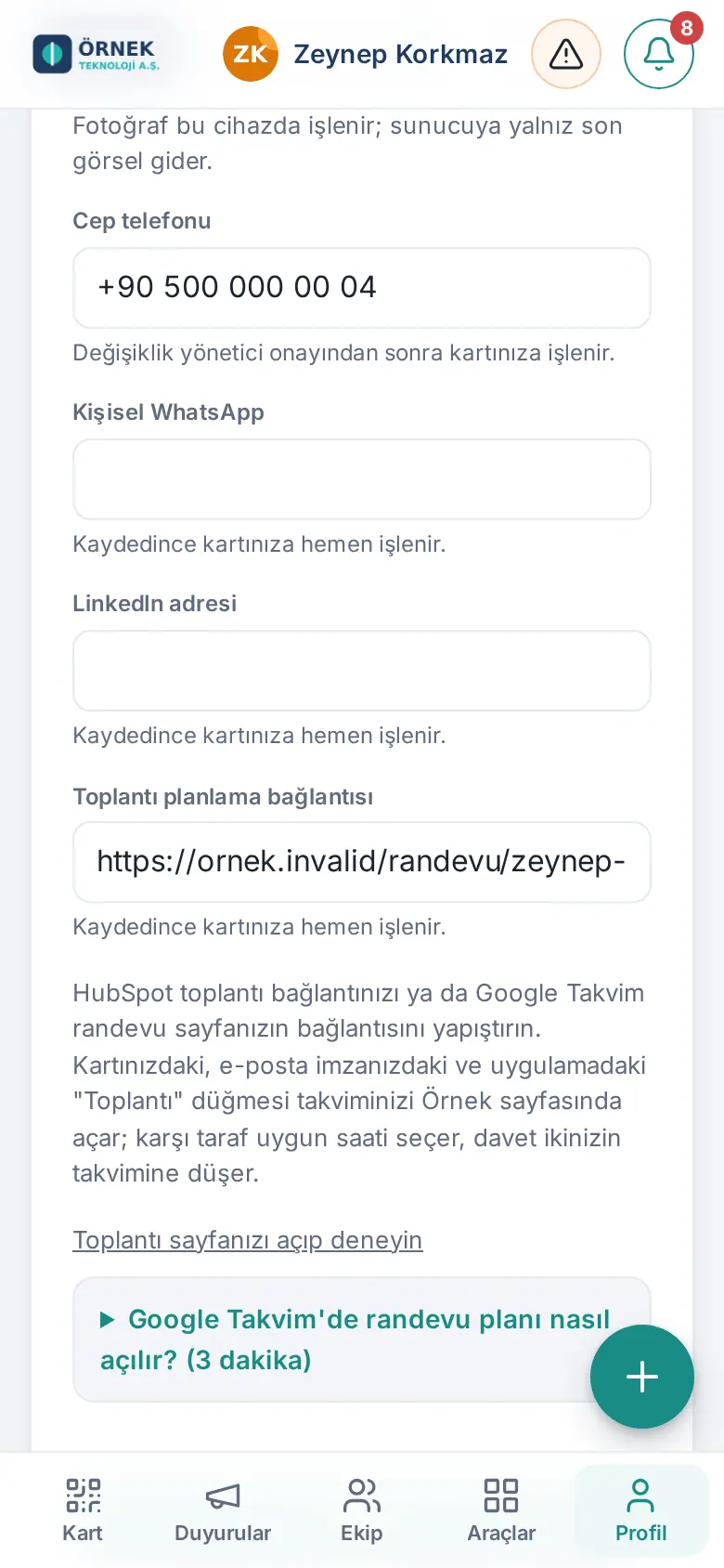 Profilim: cep, WhatsApp, LinkedIn ve toplantı bağlantısı