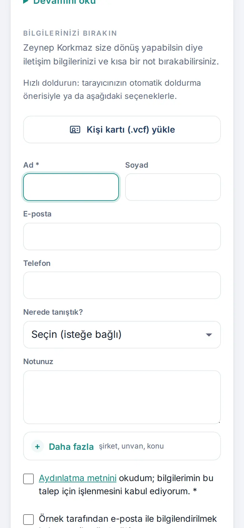 Bilgilerimi bırak formu