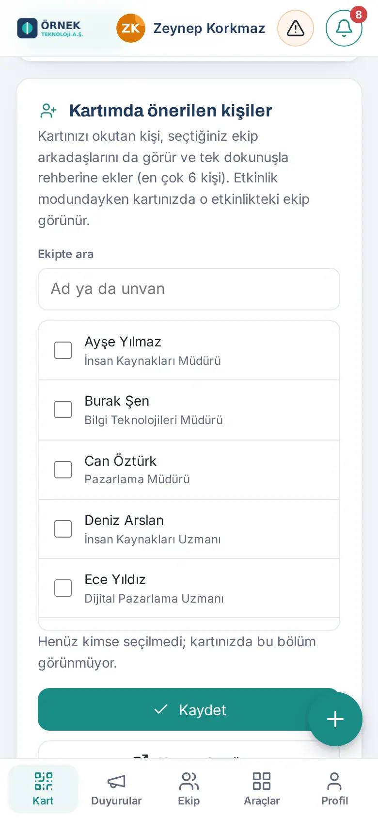 Kartımda önerilen kişiler