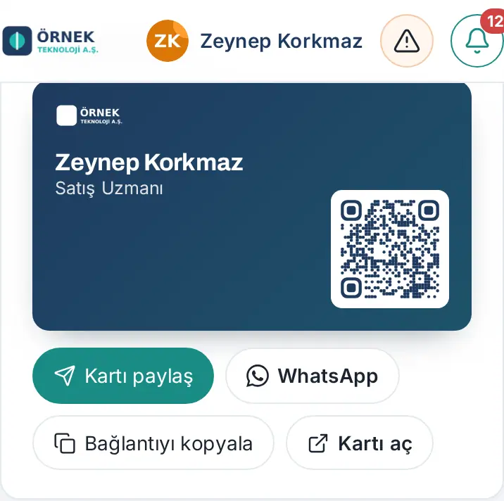 Profil sayfasında Dijital kartvizit: Kartı paylaş, WhatsApp, Bağlantıyı kopyala, Kartı aç