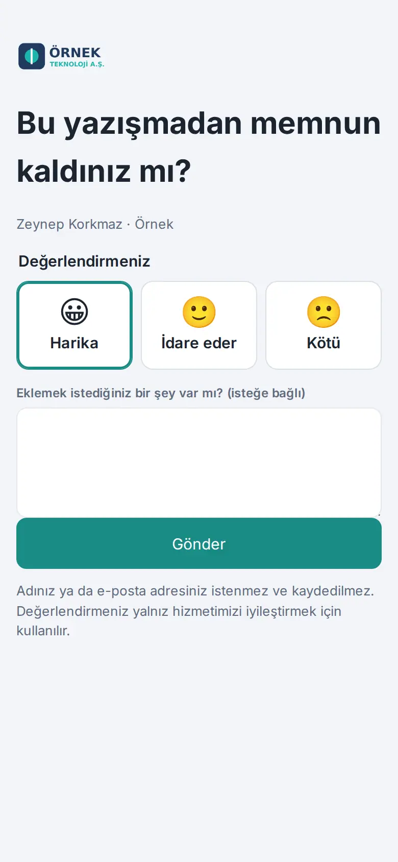 Müşterinin gördüğü değerlendirme sayfası