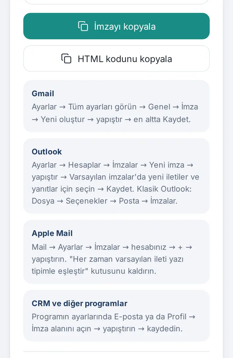İmza kopyalama düğmeleri ve Gmail, Outlook, Apple Mail adımları