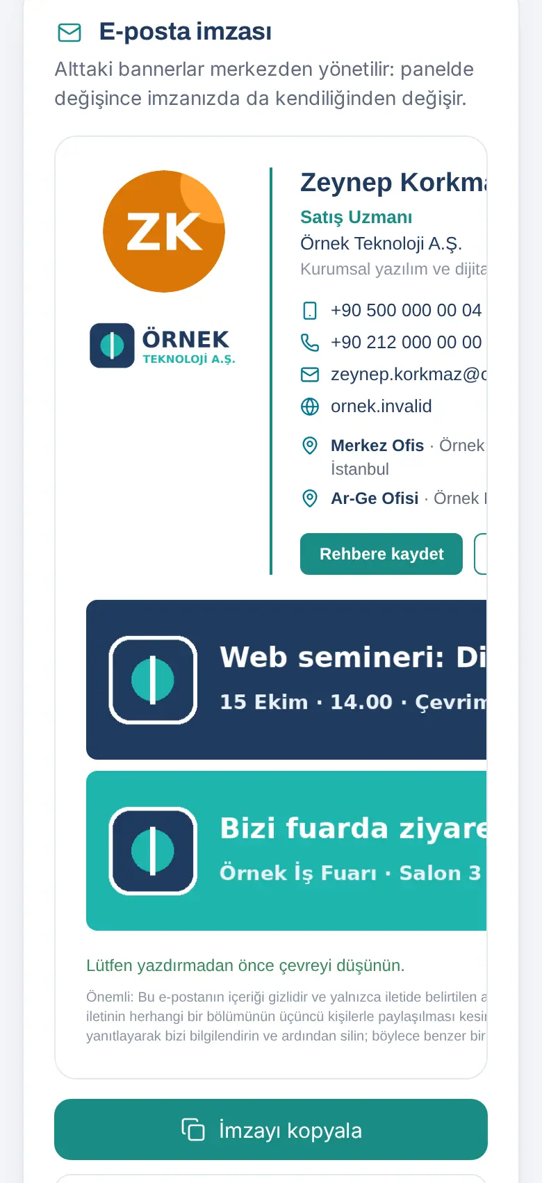 İmzam: e-posta imzasının önizlemesi ve İmzayı kopyala düğmesi
