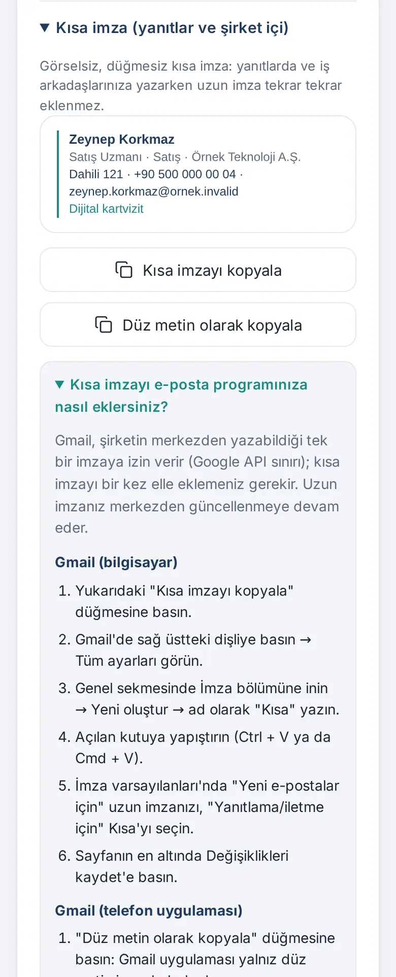 Kısa imza ve kopyalama düğmeleri