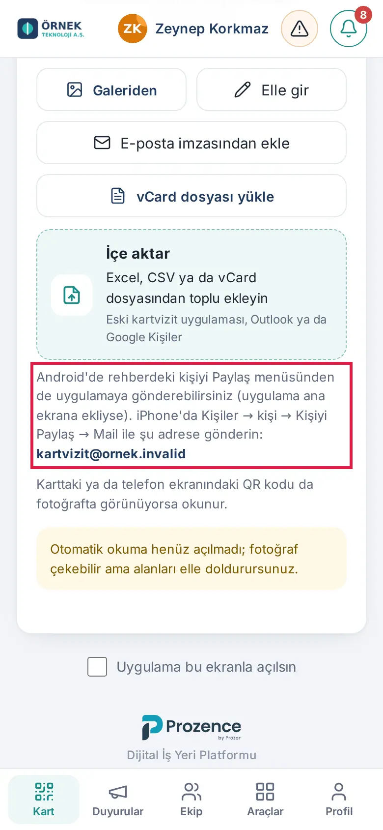 Kart ekle ipucu: iPhone'da Kişiler → kişi → Kişiyi Paylaş → Mail ile şu adrese gönderin