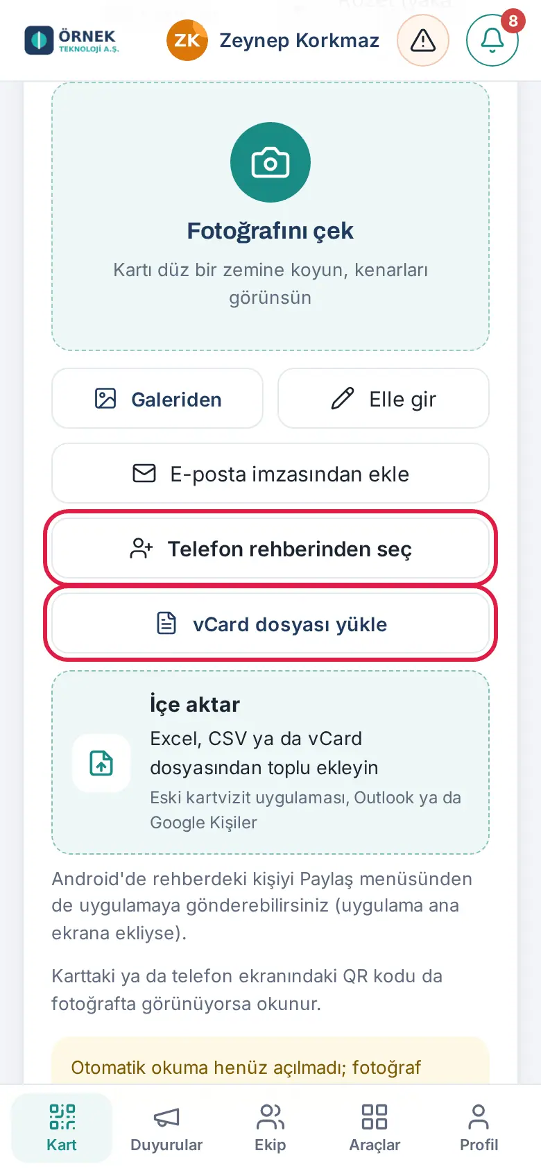 Kart ekle: Telefon rehberinden seç ve vCard dosyası yükle