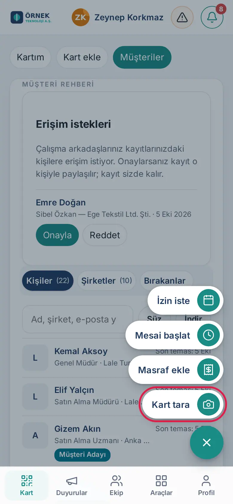 Kart tara düğmesi