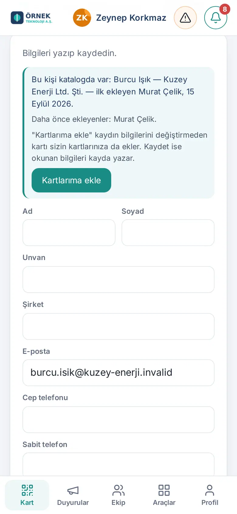 Kartlarıma ekle