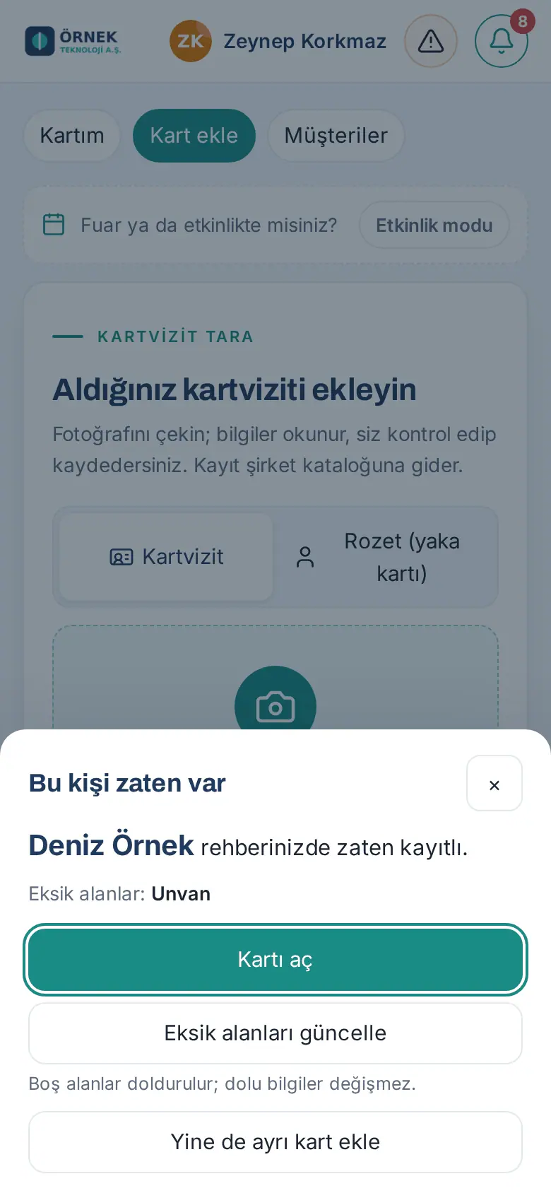 Bu kişi zaten var: Kartı aç, Eksik alanları güncelle, Yine de ayrı kart ekle