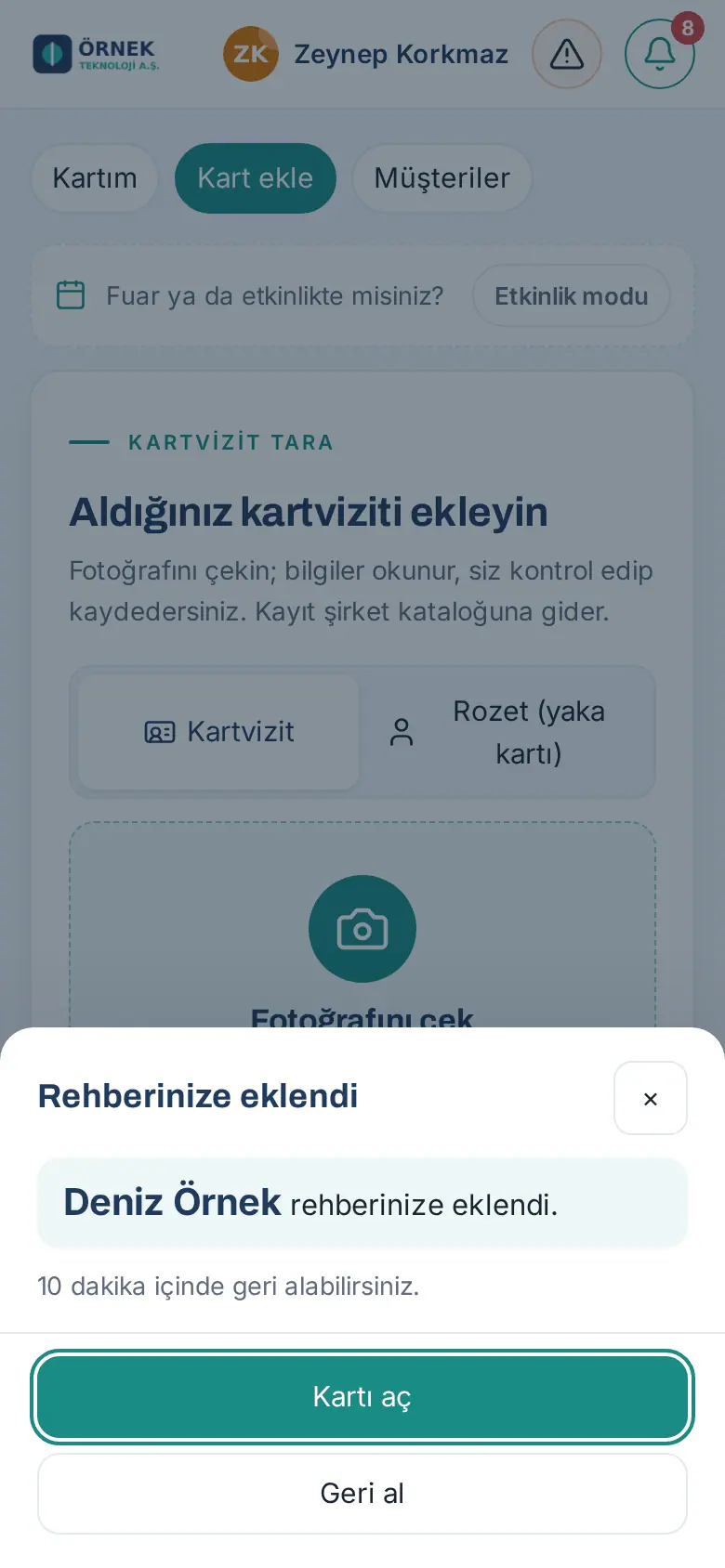 Rehberinize eklendi: Kartı aç ve Geri al