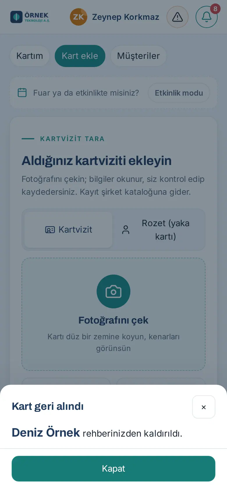 Kart geri alındı