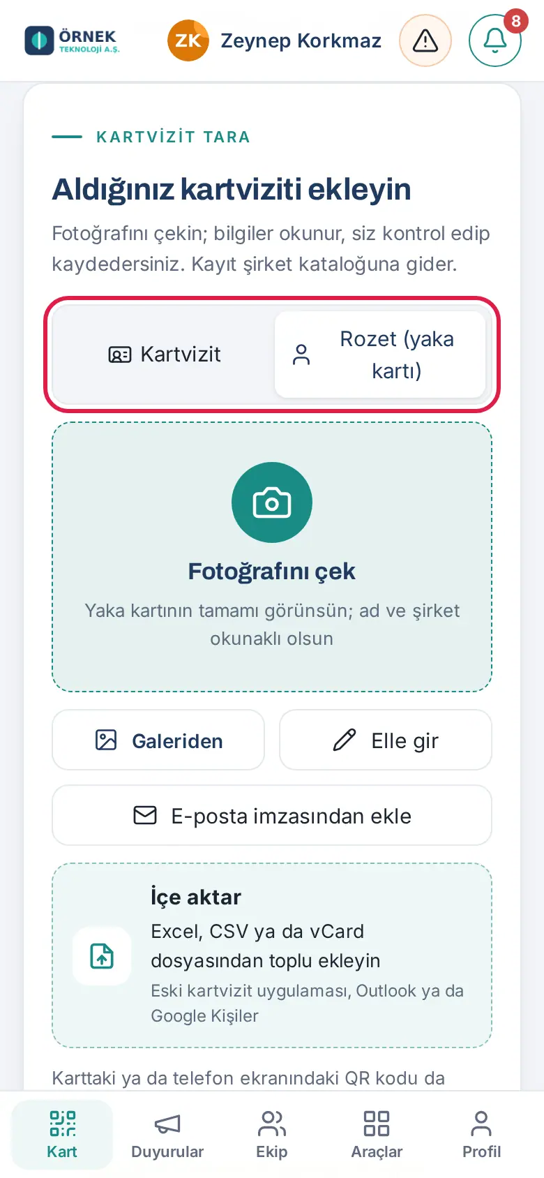Rozet (yaka kartı) seçimi