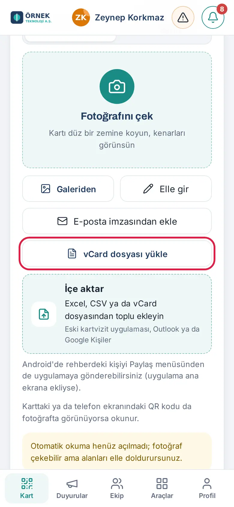 Kart ekle: vCard dosyası yükle
