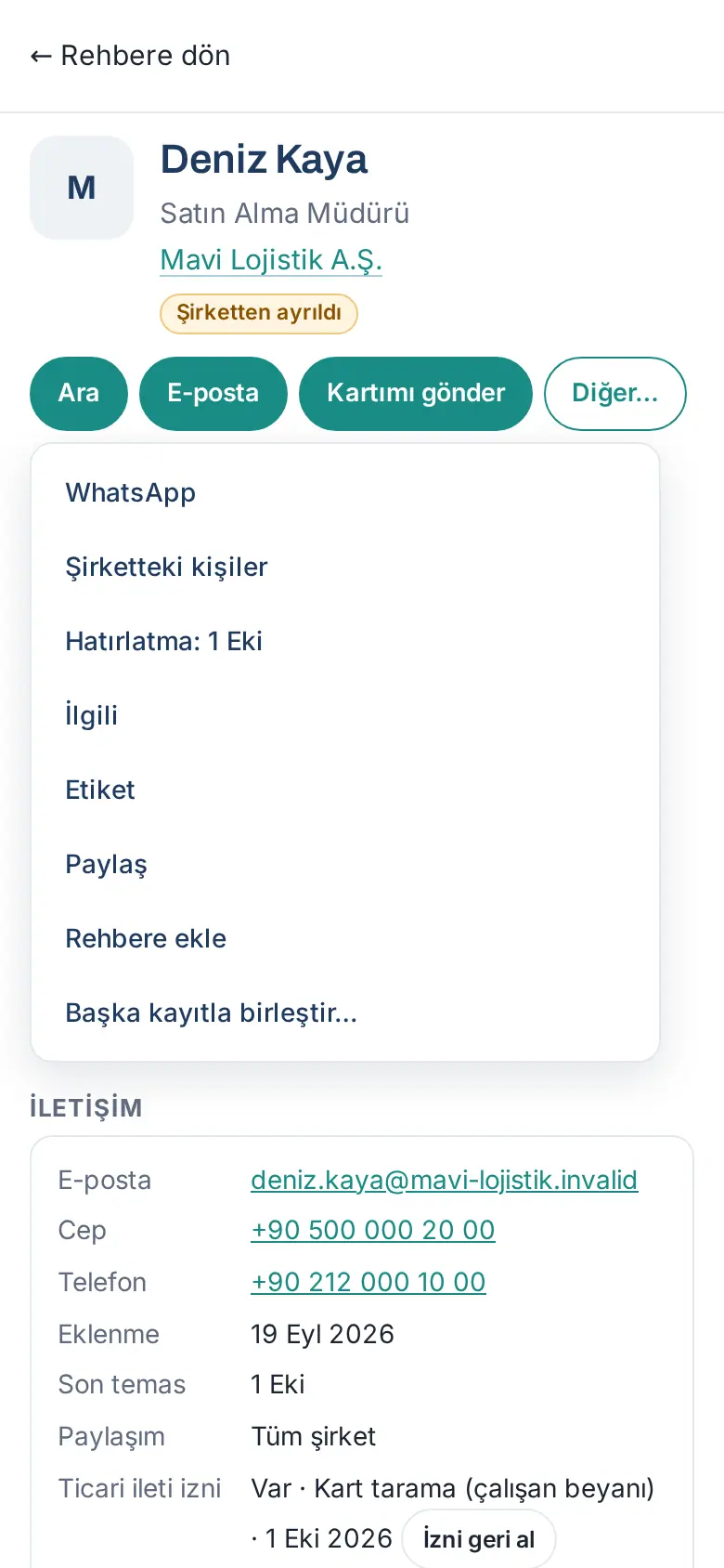 Diğer… menüsü: WhatsApp, Şirketteki kişiler, Hatırlat, İlgili, Etiket, Paylaş, Rehbere ekle, Başka kayıtla birleştir…