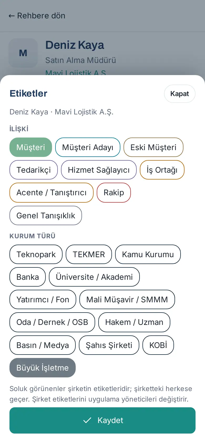 Etiketler penceresi: İlişki ve Kurum türü grupları