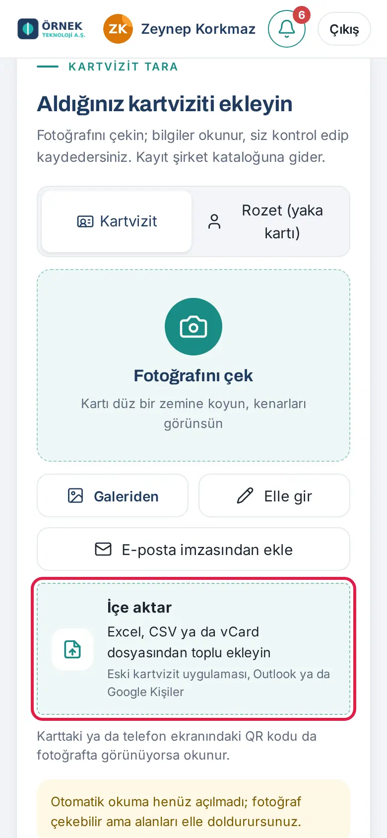 Kart ekle ekranında İçe aktar kartı