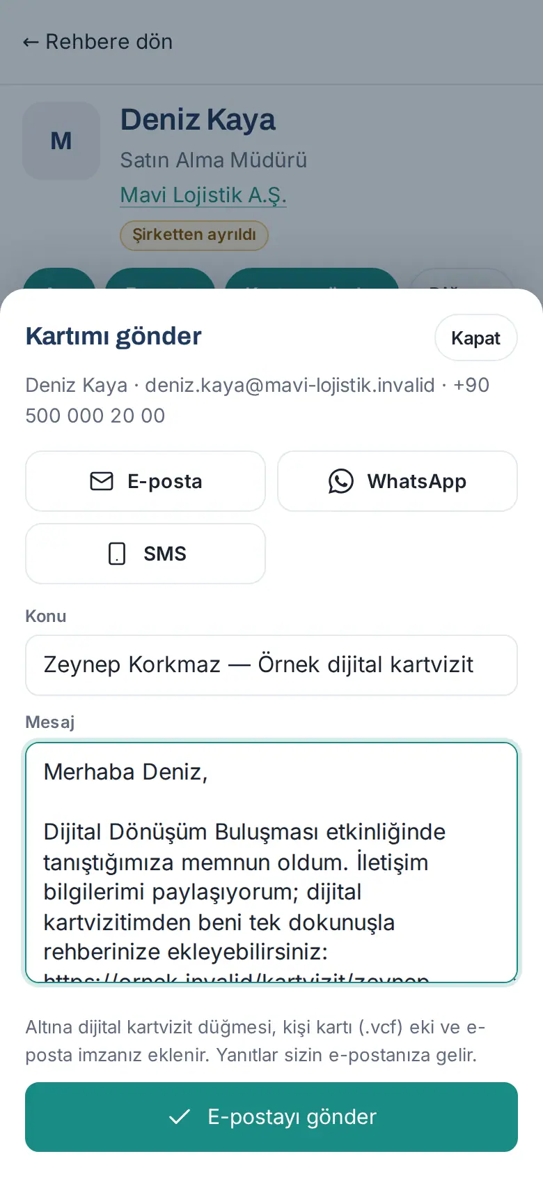 Kartımı gönder: E-posta, WhatsApp, SMS; konu ve mesaj