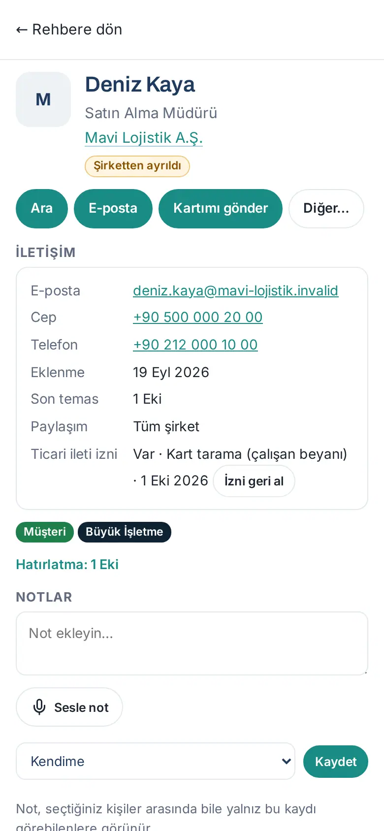 Kişi ayrıntısı: Ara, E-posta, Kartımı gönder, Diğer… ve İletişim bilgileri