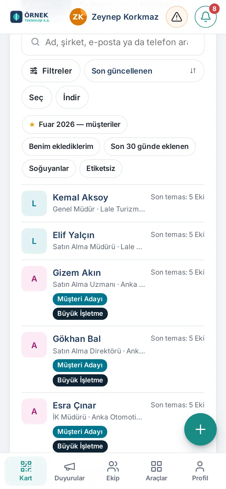 Müşteriler listesi: Kişiler, Şirketler, Bırakanlar sekmeleri, arama kutusu, Filtreler, sıralama, Seç ve İndir düğmeleri, hızlı filtreler