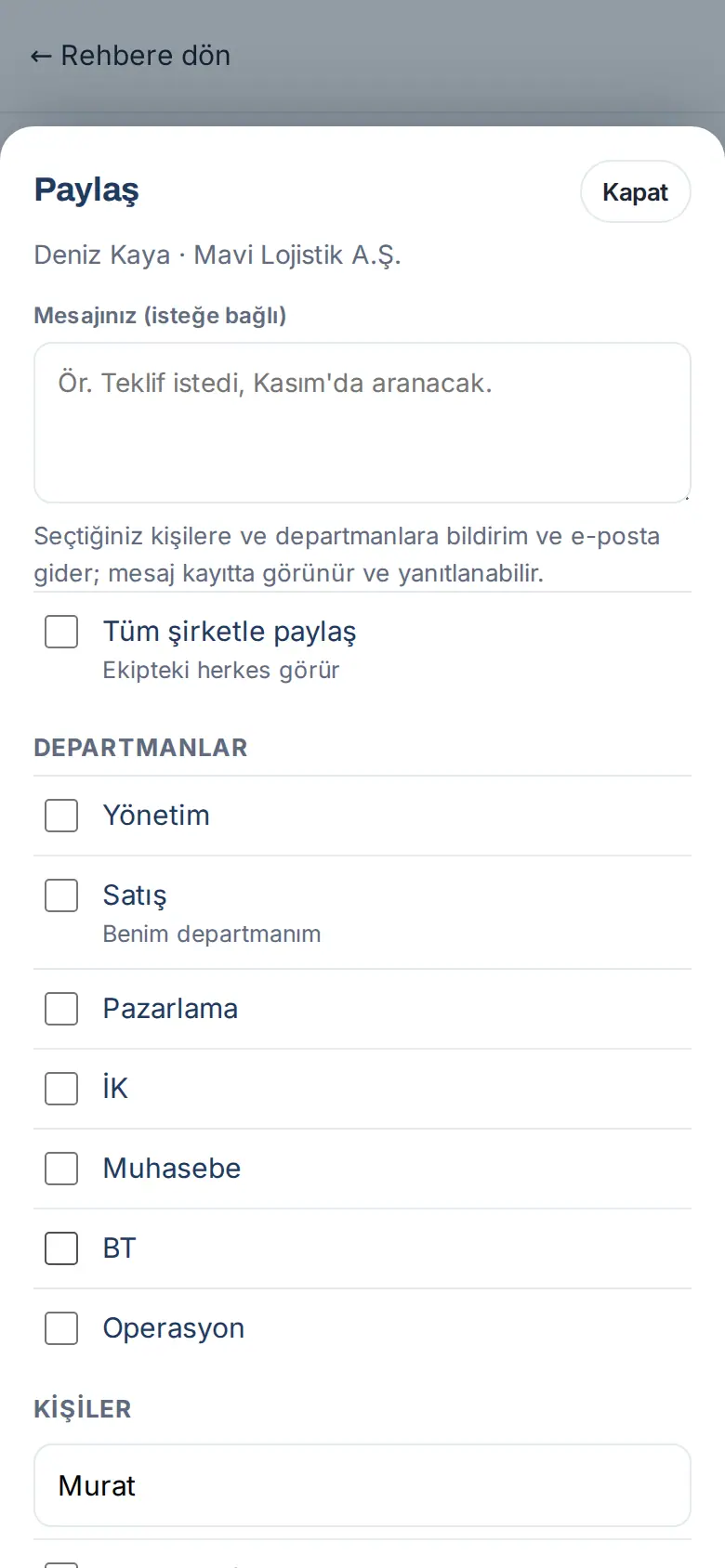 Paylaş penceresi: mesaj, Tüm şirketle paylaş, Departmanlar, Kişiler