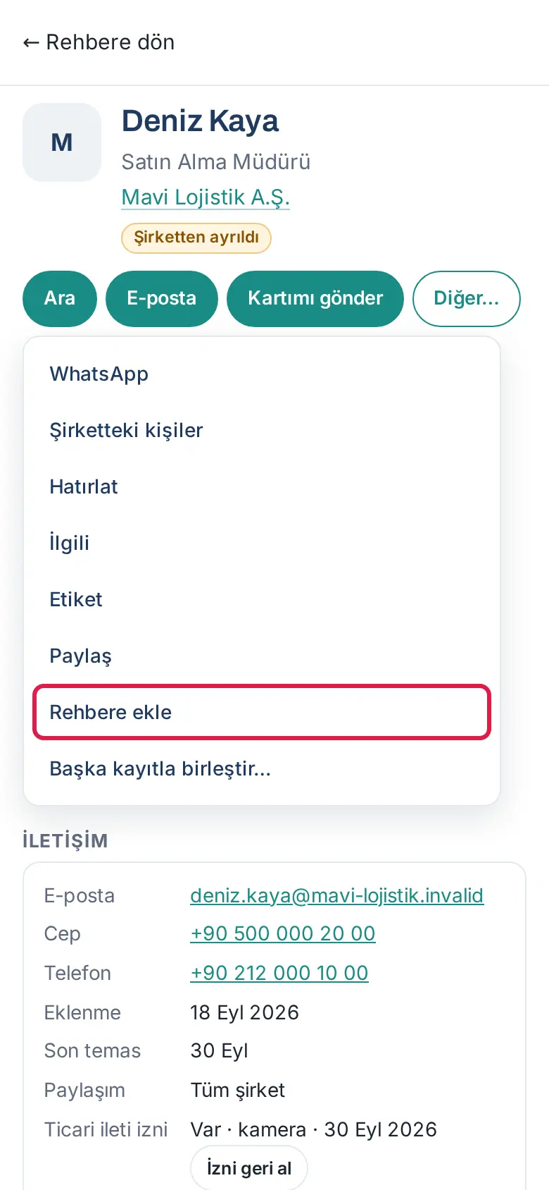Rehbere ekle: kişiyi telefonun rehberine kaydetme