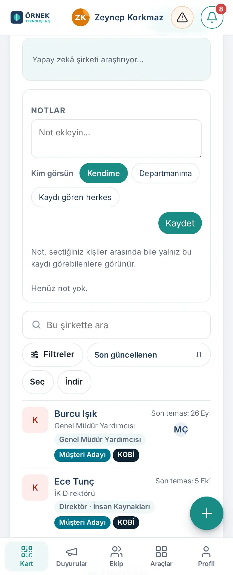 Şirket görünümü: Şirketler'e dönüş, Şirket şeması düğmesi, notlar ve şirketteki kişiler