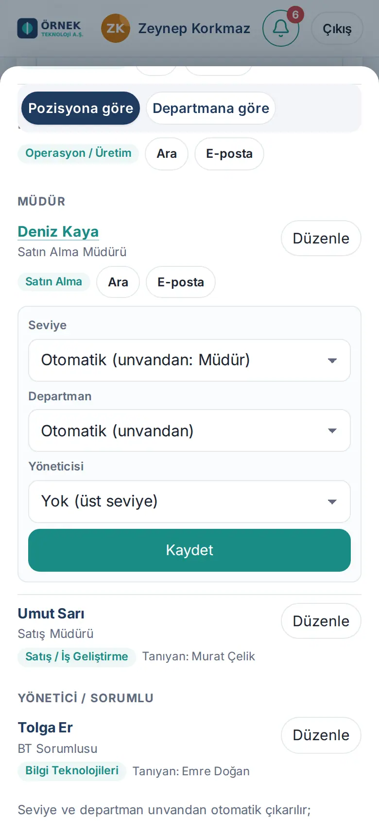 Düzenle: Seviye, Departman, Yöneticisi ve Kaydet