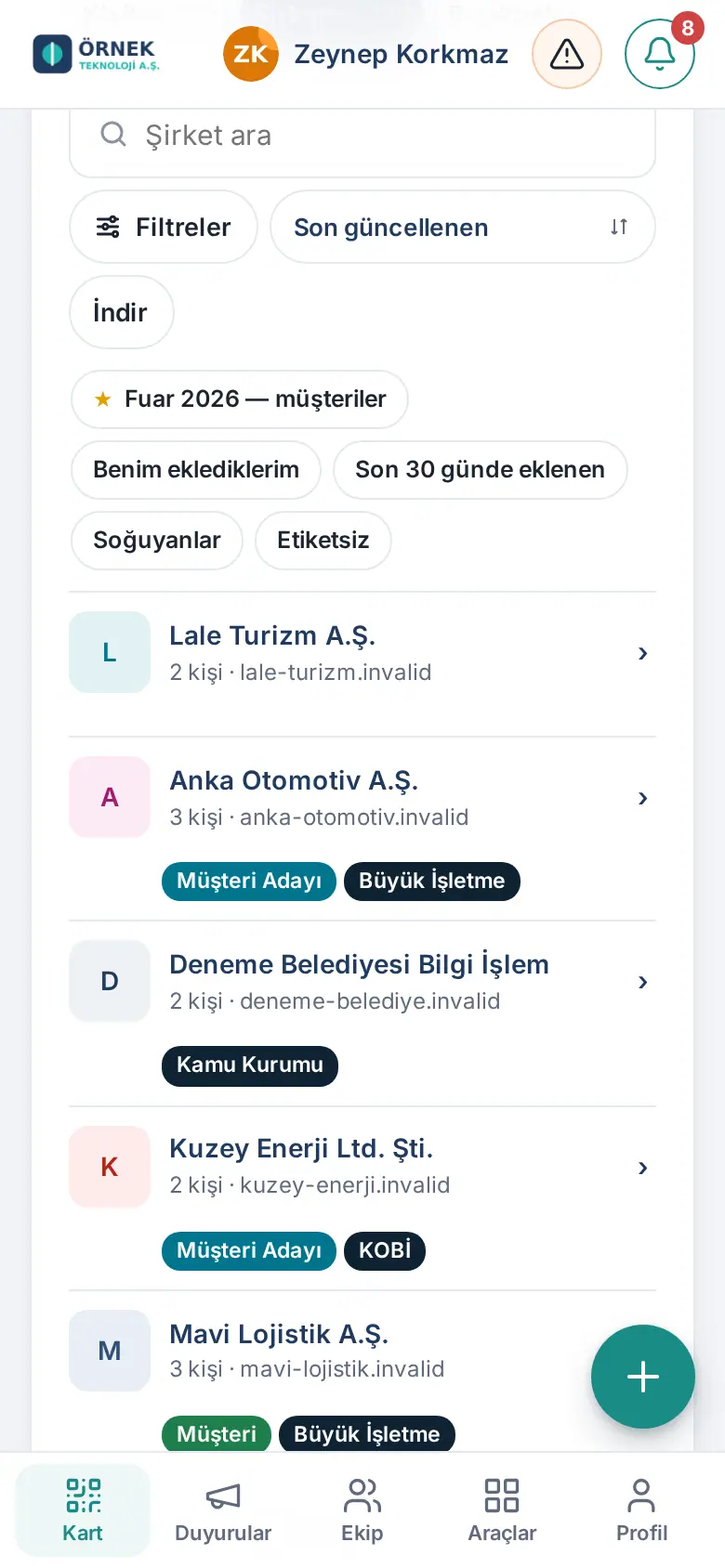Şirketler sekmesi: şirket, kişi sayısı, alan adı ve etiketler