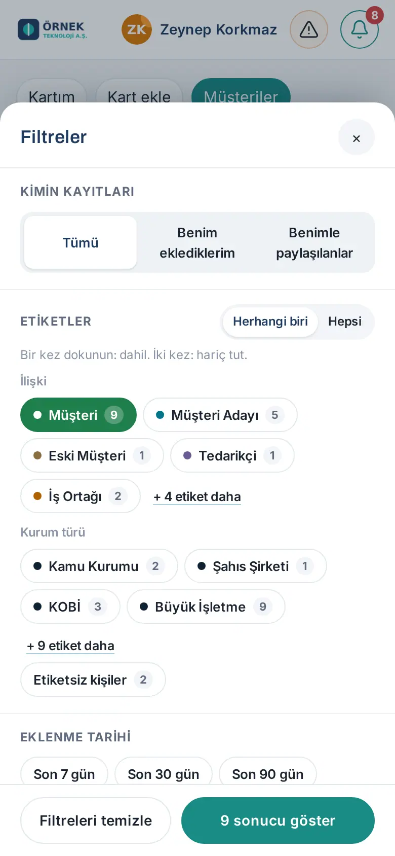 Filtreler paneli telefonda: Kimin kayıtları, Etiketler (sayılarla), Eklenme tarihi, Son temas