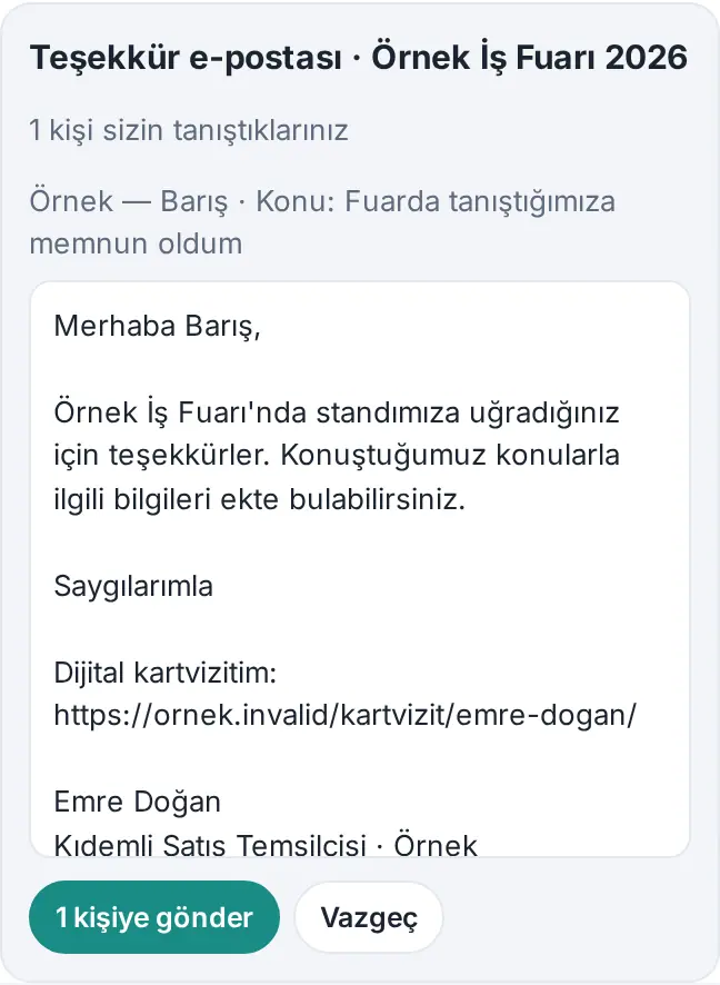 Teşekkür e-postası paneli: sayılar, önizleme ve gönder düğmesi