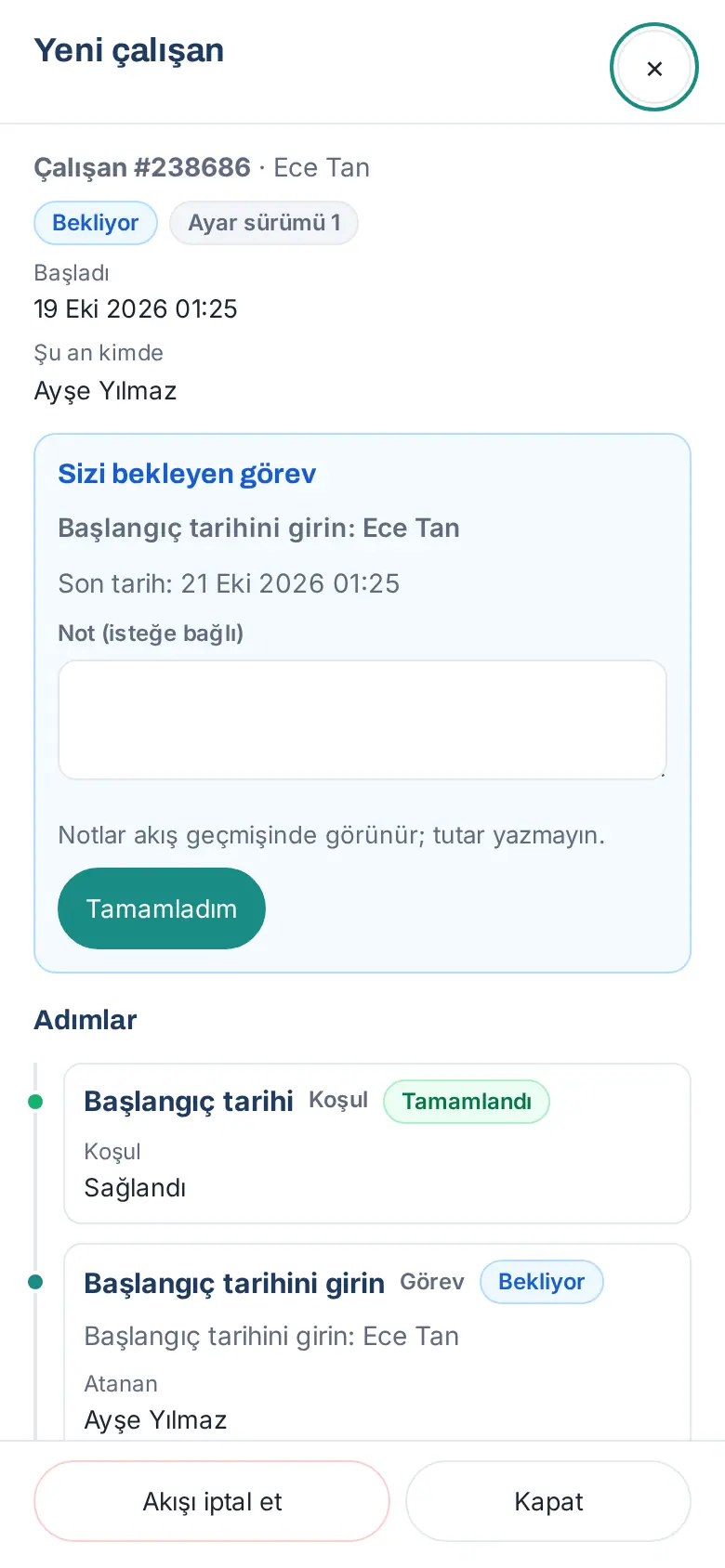 Telefonda iş akışı görevi: Sizi bekleyen görev, Son tarih, Not (isteğe bağlı) ve Tamamladım