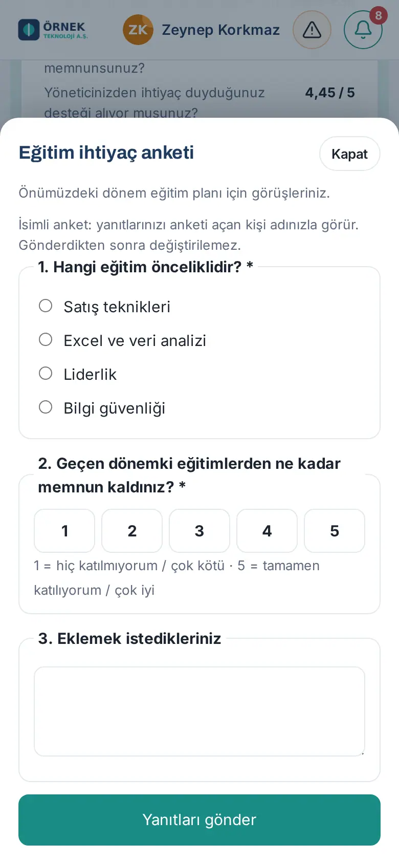 Anket penceresi: sorular ve Yanıtları gönder