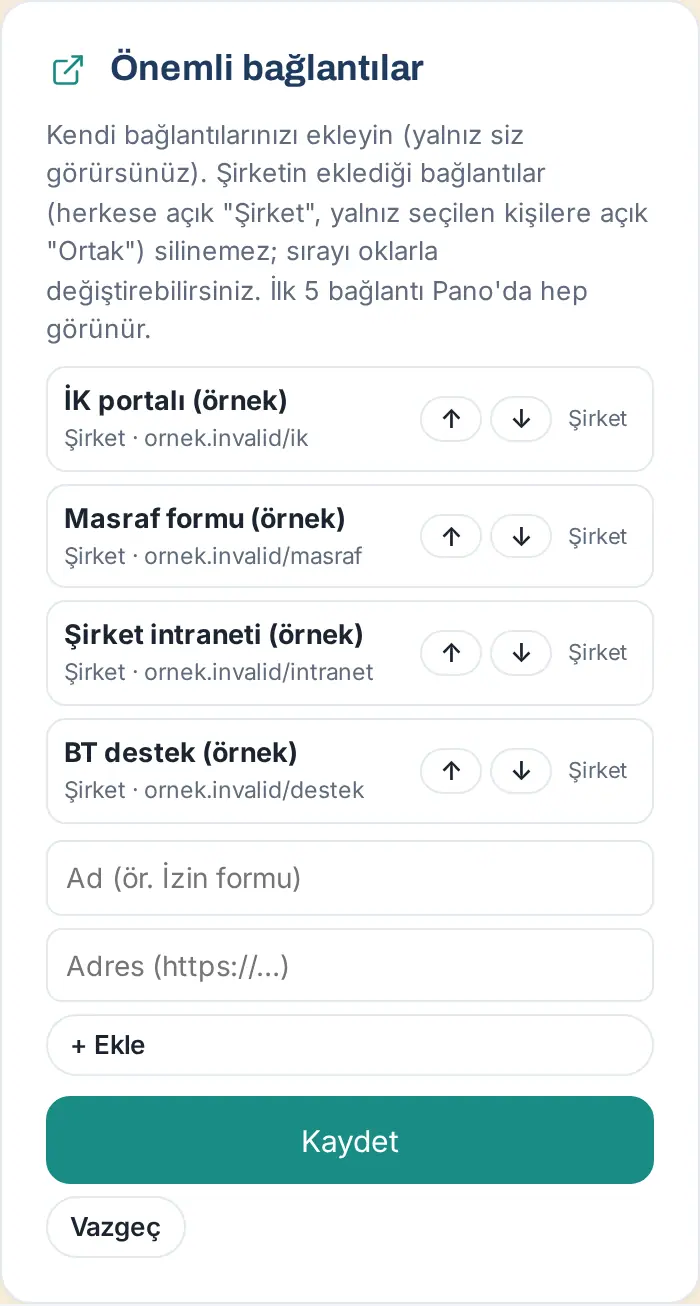 Önemli bağlantıları düzenleme: Ad, Adres, + Ekle ve sıralama okları