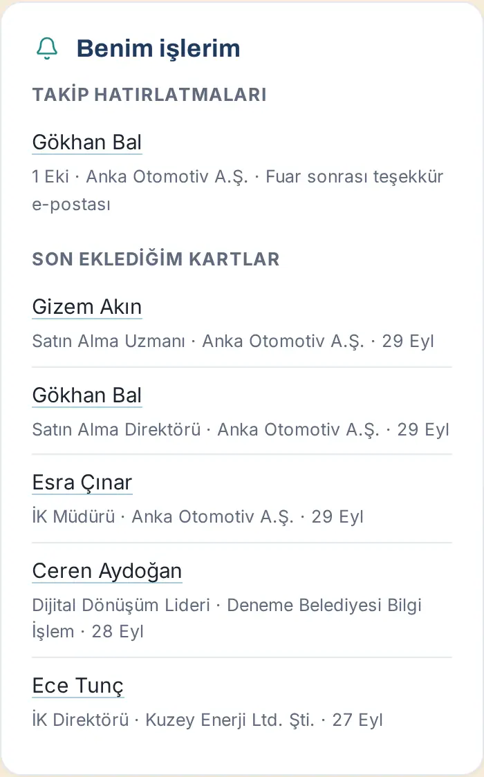 Benim işlerim: takip hatırlatmaları ve son eklenen kartlar